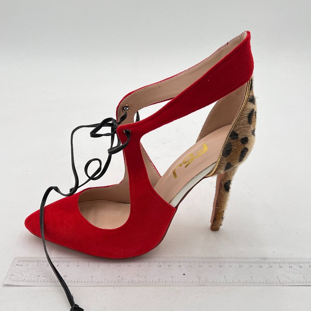 FSJ Red Suede Pointed Toe Lace-Up Heels with Leopard Print Haircalf Heel